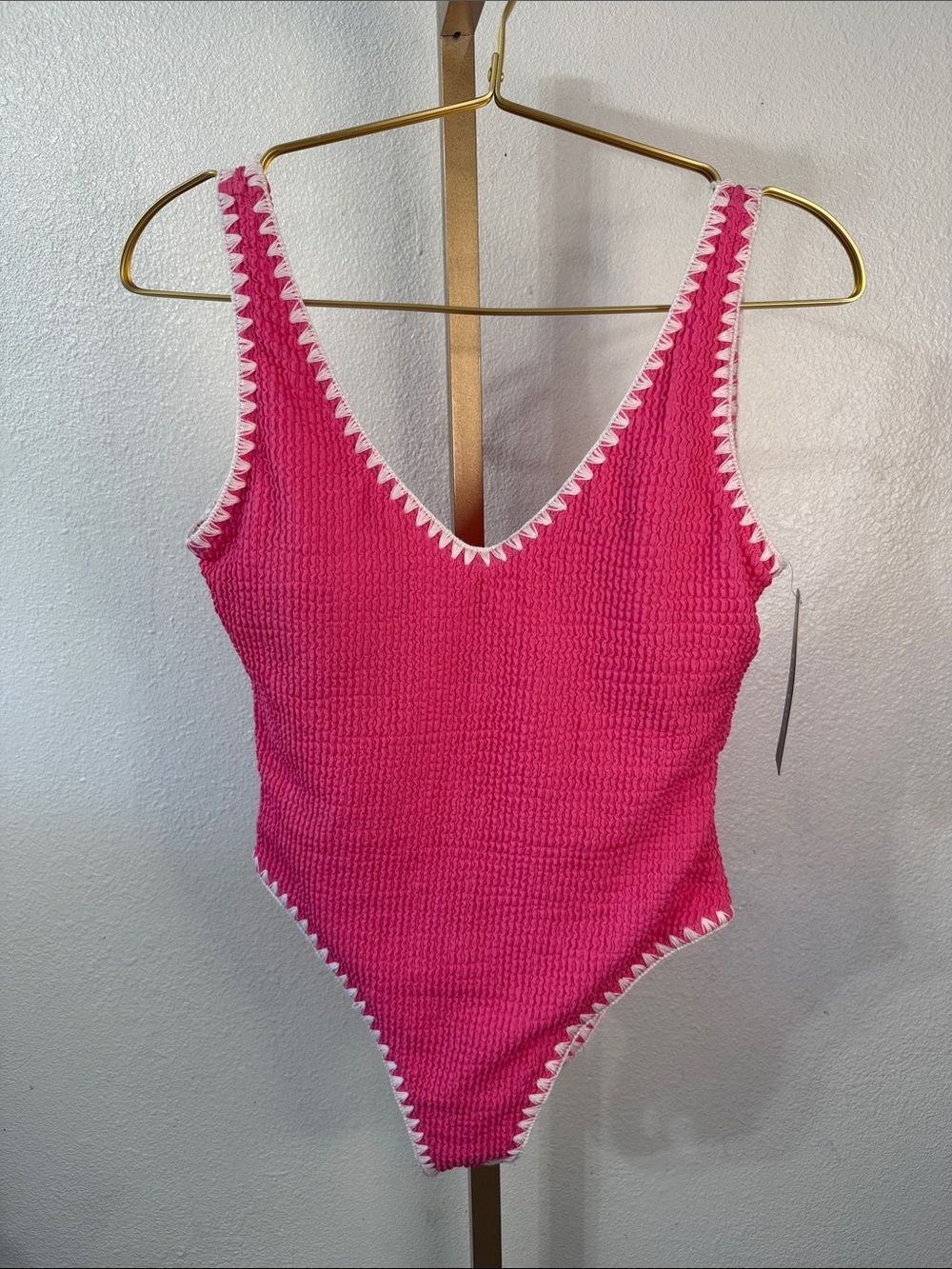 Pink Textured One-Piece Swimsuit with White Trim- BEBE- MEDIUM